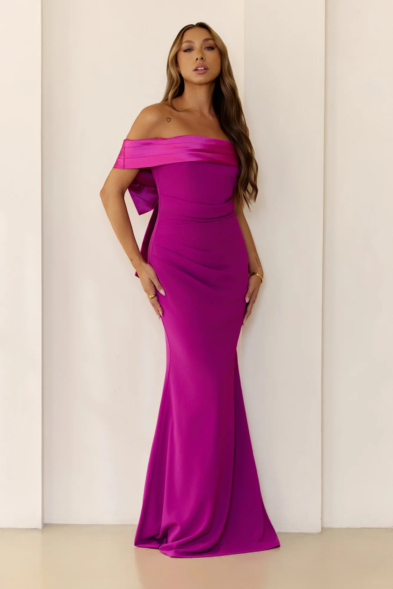 The Sleek Soirée Off Shoulder Maxi Dress Plum